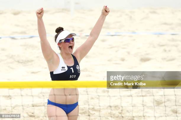 Emma Waldie of Scotland celebrate as she competes in the Girls Beach Volleyball on day 1 of the 2017 Youth Commonwealth Games at Queen Elizabeth...