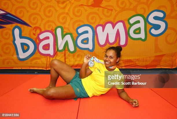 Francis Newman of Australia poses with her silver medal after the girls 70 kg judo final on day 1 of the 2017 Youth Commonwealth Games at Kendal G L...