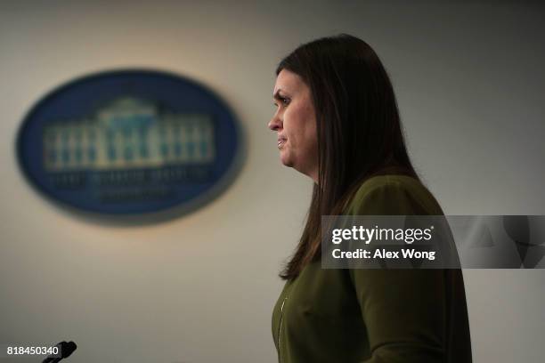 Principal Deputy Press Secretary Sarah Huckabee Sanders speaks during an off-camera press briefing at the James Brady Press Briefing Room of the...