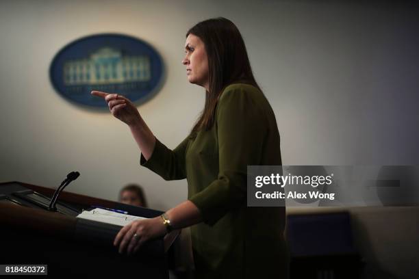 Principal Deputy Press Secretary Sarah Huckabee Sanders takes questions during an off-camera press briefing at the James Brady Press Briefing Room of...