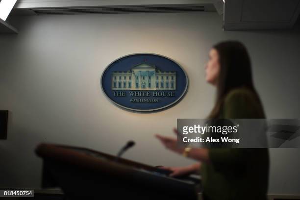 Principal Deputy Press Secretary Sarah Huckabee Sanders speaks during an off-camera press briefing at the James Brady Press Briefing Room of the...