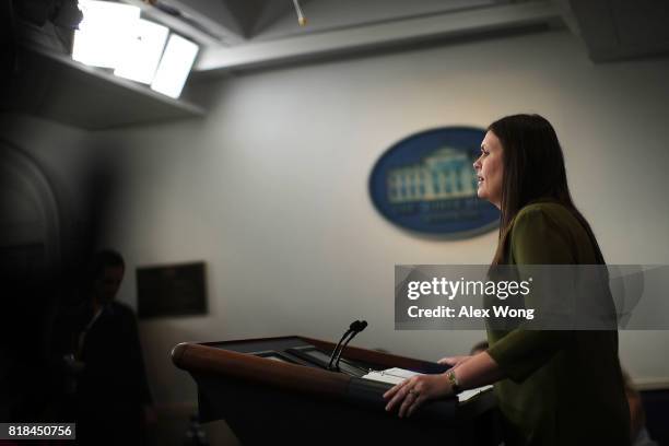 Principal Deputy Press Secretary Sarah Huckabee Sanders speaks during an off-camera press briefing at the James Brady Press Briefing Room of the...