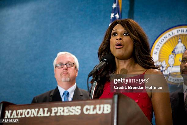 Beverly Johnson, a former model and judge on the television show She's Got the Look, with TV Land President Larry Jones at a news conference July 7,...