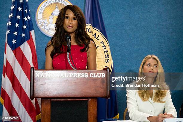 Beverly Johnson and Kim Alexis, former models and judge and host, respectively, on the television show She's Got the Look, speak at a news conference...