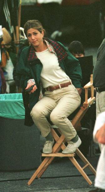 Actress Jennifer Aniston takes a break from filming on the set of "The Good Girl" March 15, 2001 Glendale, CA.