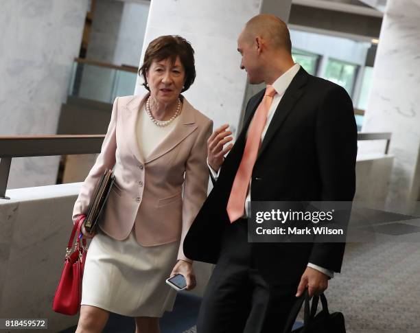 Sen. Susan Collins , walks to a Senate Select Committee on Intelligence, closed meeting on Capitol Hill July 18, 2017 in Washington, DC. The...