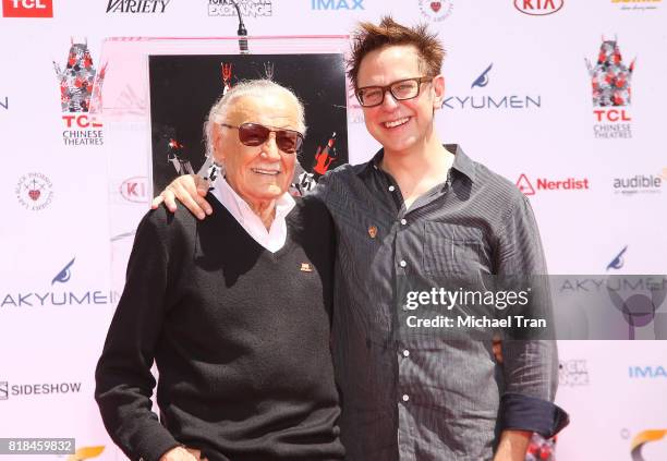 Stan Lee and James Gunn attend the hand and footprint ceremony honoring Stan Lee held at TCL Chinese Theatre IMAX on July 18, 2017 in Hollywood,...