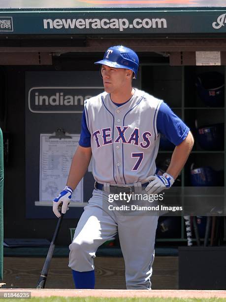 Outfielder David Murphy of the Texas Rangers waits to bat during a game with the Cleveland Indians on Sunday, May 25, 2008 at Progressive Field in...