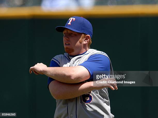 First baseman Chris Shelton of the Texas Rangers warms up prior to a game with the Cleveland Indians on Sunday, May 25, 2008 at Progressive Field in...