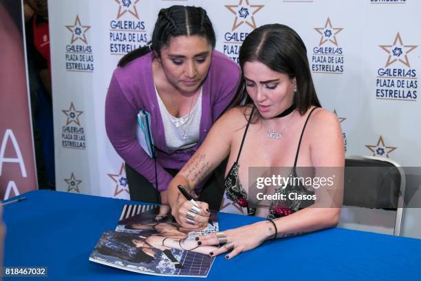 Celia Lora signs autographs during the launching of the new Playboy with her on the cover at Plaza de las Estrellas on July 13, 2017 in Mexico City,...