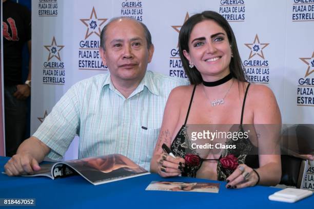 Celia Lora signs autographs during the launching of the new Playboy with her on the cover at Plaza de las Estrellas on July 13, 2017 in Mexico City,...