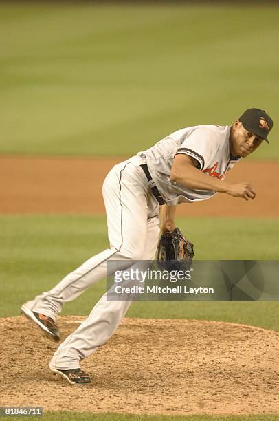 Daniel Cabrera of the Baltimore Orioles pitches during a baseball game against the Washington Nationals on June 27, 2008 at Nationals Park in...