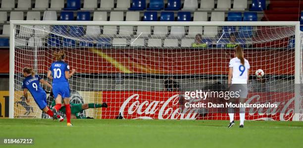 Eugénie Le Sommer of France scores the opening goal by penalty kick during the Group C match between France and Iceland during the UEFA Women's Euro...
