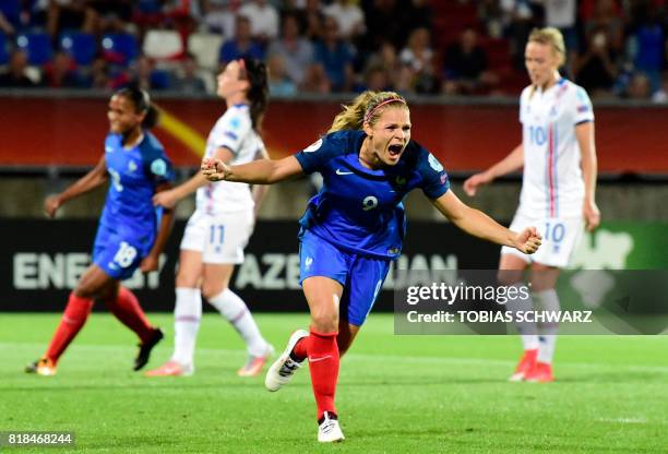 France's forward Eugenie Le Sommer celebrates after scoring during the UEFA Women's Euro 2017 football match between France and Iceland at Stadium...