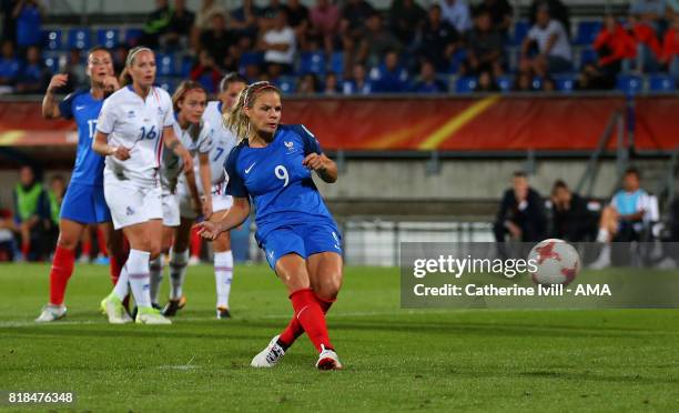 Eugenie Le Sommer of France Women scores a penalty goal to make it 1-0 during the UEFA Women's Euro 2017 match between France and Iceland at Koning...