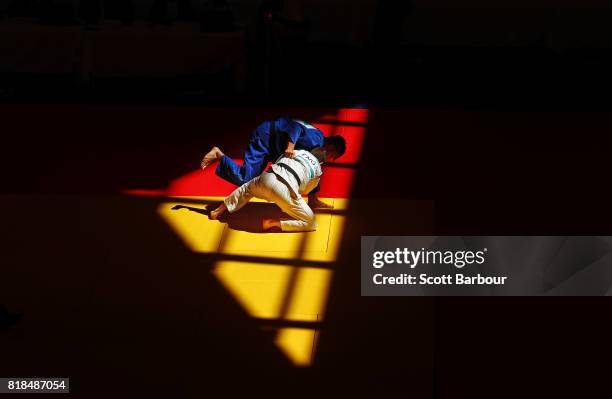 Lachlan Moorhead of England competes against Ryan Quigley of Scotland in the Boys -73 kg judo on day 1 of the 2017 Youth Commonwealth Games at Kendal...