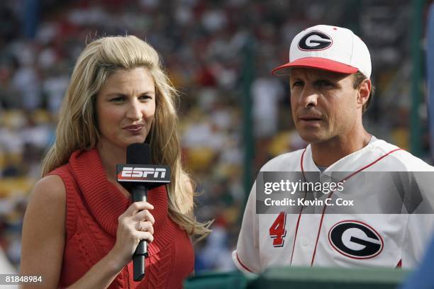 Sideline reporter Erin Andrews interviews head coach David Perno of the Georgia Bulldogs against the Fresno State Bulldogs during Game 1 of the 2008...