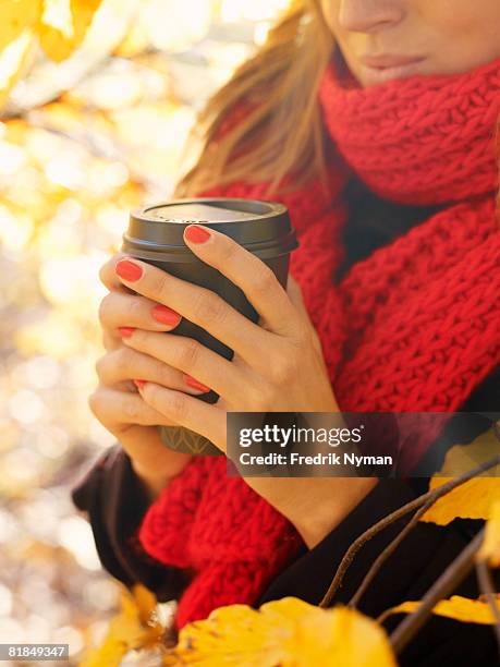 portrait of a scandinavian woman an autumn day sweden. - pañuelo rojo fotografías e imágenes de stock