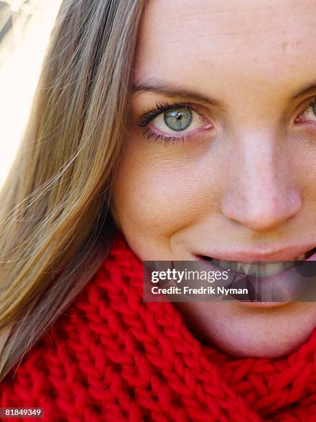portrait of a scandinavian woman an autumn day sweden. - red scarf stock-fotos und bilder