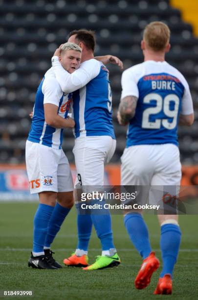Kilmarnock captain Kris Boyd congratulates goalscorer Dominic Thomas during the Betfred League Cup game on July 18, 2017 in Kilmarnock, Scotland.