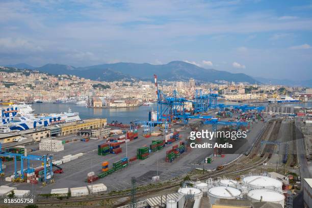 Genoa. The commercial port and the city viewed from the Lighthouse of Genoa .
