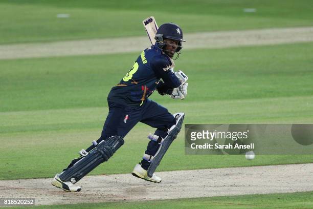 Daniel Bell-Drummond of Kent Spitfires hits a boundary during the NatWest T20 Blast South Group match at The Spitfire Ground on July 18, 2017 in...
