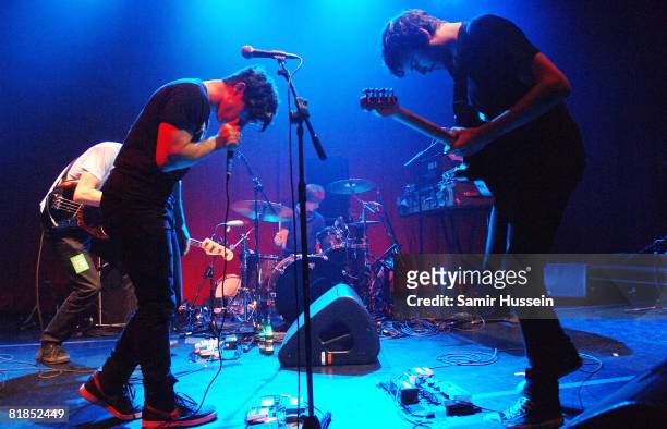 Vocalist Yannis Philippakis, bassist Walter Gervers, guitarist Jimmy Smith, keyboardist Edwin Congreave and drummer Jack Bevan of Foals perform as...