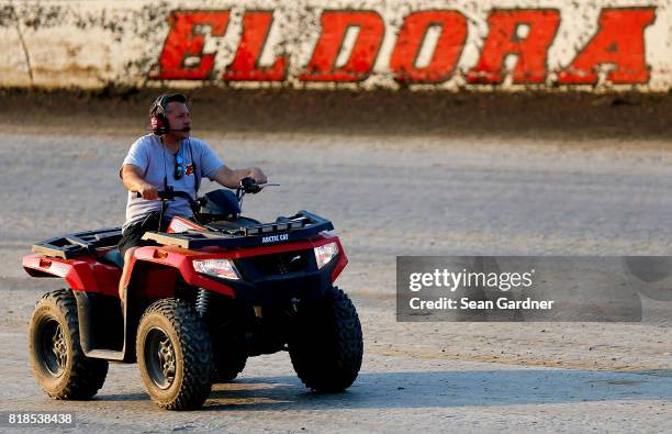 Tony Stewart, owner of Eldora Speedway, looks at the track before practice for the NASCAR Camping World Truck Series 5th Annual Eldora Dirt Derby 150...