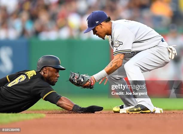 Starling Marte of the Pittsburgh Pirates is picked off at second base by Orlando Arcia of the Milwaukee Brewers during the fourth inning at PNC Park...