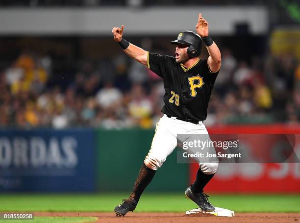 Francisco Cervelli of the Pittsburgh Pirates reacts after being called out at second base during the seventh inning against the Milwaukee Brewers at...