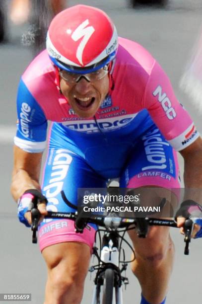 Italian Damiano Cunego competes around Cholet, on July 8 2008, in the 29-km individual time-trial and fourth stage of the 2008 Tour de France cycling...