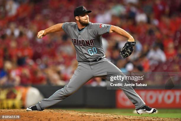 Hoover of the Arizona Diamondbacks pitches in the seventh inning against the Cincinnati Reds at Great American Ball Park on July 18, 2017 in...