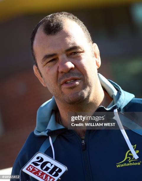 Wallabies rugby coach Michael Cheika speaks to the media in Sydney on July 19 as he announces a training squad ahead of their clash with New Zealand...