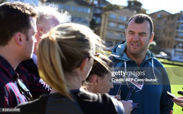 Wallabies rugby coach Michael Cheika speaks to the media in Sydney on July 19 as he announces a training squad ahead of their clash with New Zealand...