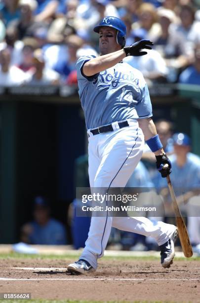 John Buck of the Kansas City Royals bats during the game against the St. Louis Cardinals at Kauffman Stadium in Kansas City, Missouri on June 29,...