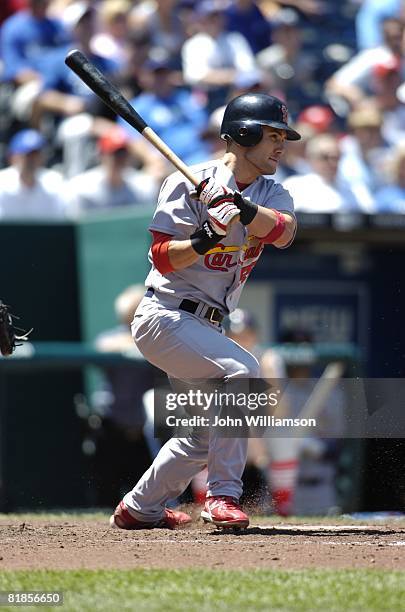 Skip Schumaker of the St. Louis Cardinals bats during the game against the Kansas City Royals at Kauffman Stadium in Kansas City, Missouri on June...