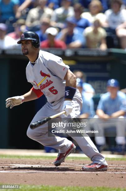 Designated hitter Albert Pujols of the St. Louis Cardinals bats during the game against the Kansas City Royals at Kauffman Stadium in Kansas City,...