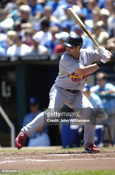 Adam Kennedy of the St. Louis Cardinals bats during the game against the Kansas City Royals at Kauffman Stadium in Kansas City, Missouri on June 29,...