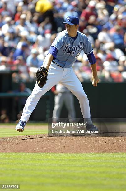 Jimmy Gobble of the Kansas City Royals pitches during the game against the St. Louis Cardinals at Kauffman Stadium in Kansas City, Missouri on June...