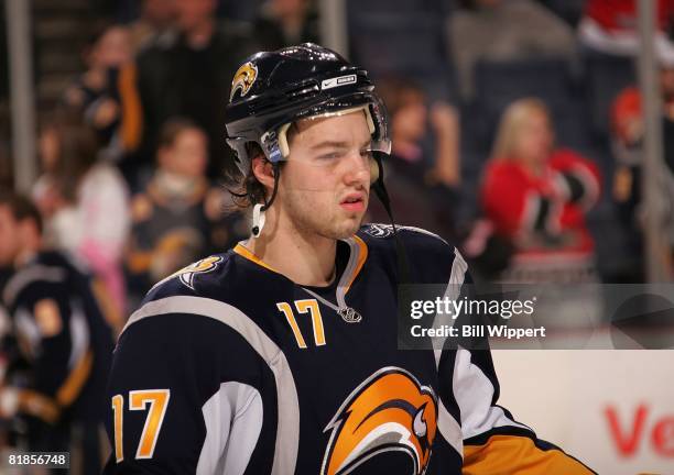 Marc Andre Gragnani of the Buffalo Sabres skates against the New York Rangers on February 23, 2008 at the Marine Midland Bank Arena in Buffalo, New...