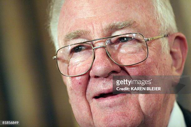 Former US Attorney General Edwin Meese III, member of the National War Powers Commission listens to questions following a press conference on July 8,...