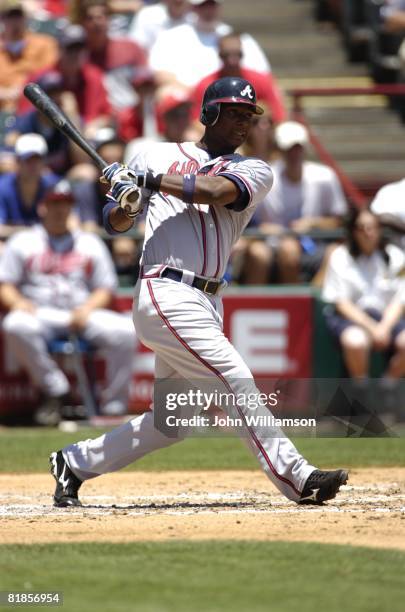 Brandon Jones of the Atlanta Braves bats during the game against the Texas Rangers at Rangers Ballpark in Arlington in Arlington, Texas on June 19,...