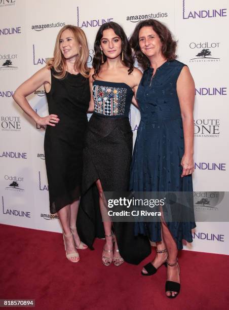 Executive producer Rachel Shane, Actress Jenny Slate, and producer Gigi Pritzker attend the New York premiere of 'Landline' at The Metrograph on July...