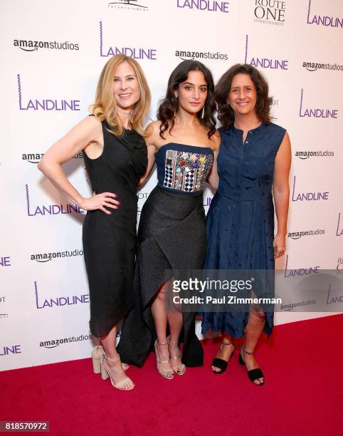 Rachel Shane, Jenny Slate and Gigi Pritzker attend "Landline" New York premiere at The Metrograph on July 18, 2017 in New York City.
