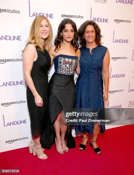 Rachel Shane, Jenny Slate and Gigi Pritzker attend "Landline" New York premiere at The Metrograph on July 18, 2017 in New York City.