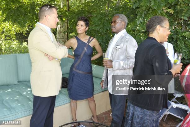 Richard Kromka, Halle Berry, Ed Lewis and Karen Bass attend Halle Berry, Ronald Perelman and REVLON host a luncheon for The JENESSE CENTER at Private...