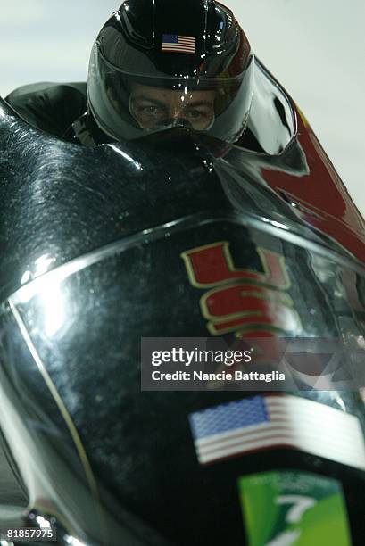 Bobsleigh: 2006 Winter Olympics, Closeup of USA Todd Hays and Pavle Jovanovic in action during Two Man Heat 2 at Cesana Pariol, Cesana, Italy...