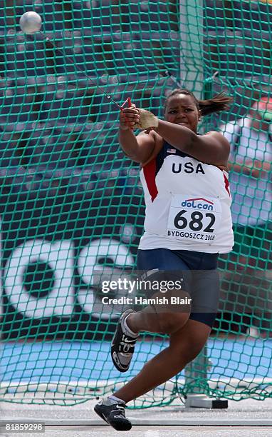 Lauren Chambers of USA in action during the women's hammer throw qualification during day one of the 12th IAAF World Junior Championships at the...