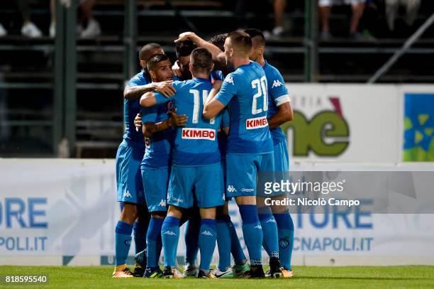 Players of SSC Napoli celebrate after a goal scored by Jose Maria Callejon during the pre-season friendly football match between Carpi FC and SSC...