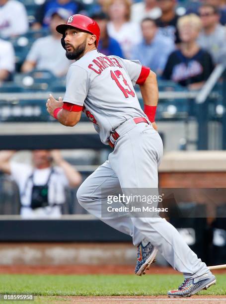 Matt Carpenter of the St. Louis Cardinals in action against the New York Mets at Citi Field on July 17, 2017 in the Flushing neighborhood of the...